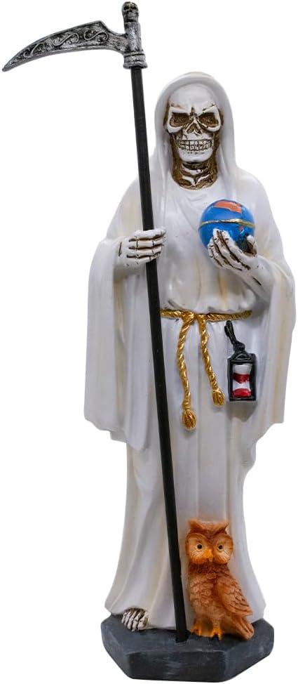 VILLAGE GIFT IMPORTERS 11.5" White Santa Muerte Statue | Our Lady of a Holy Death | Skeleton Statue Holding a Globe and Scythe with a Brown Owl at Her Feet | Hispanic Catholic Home Dcor