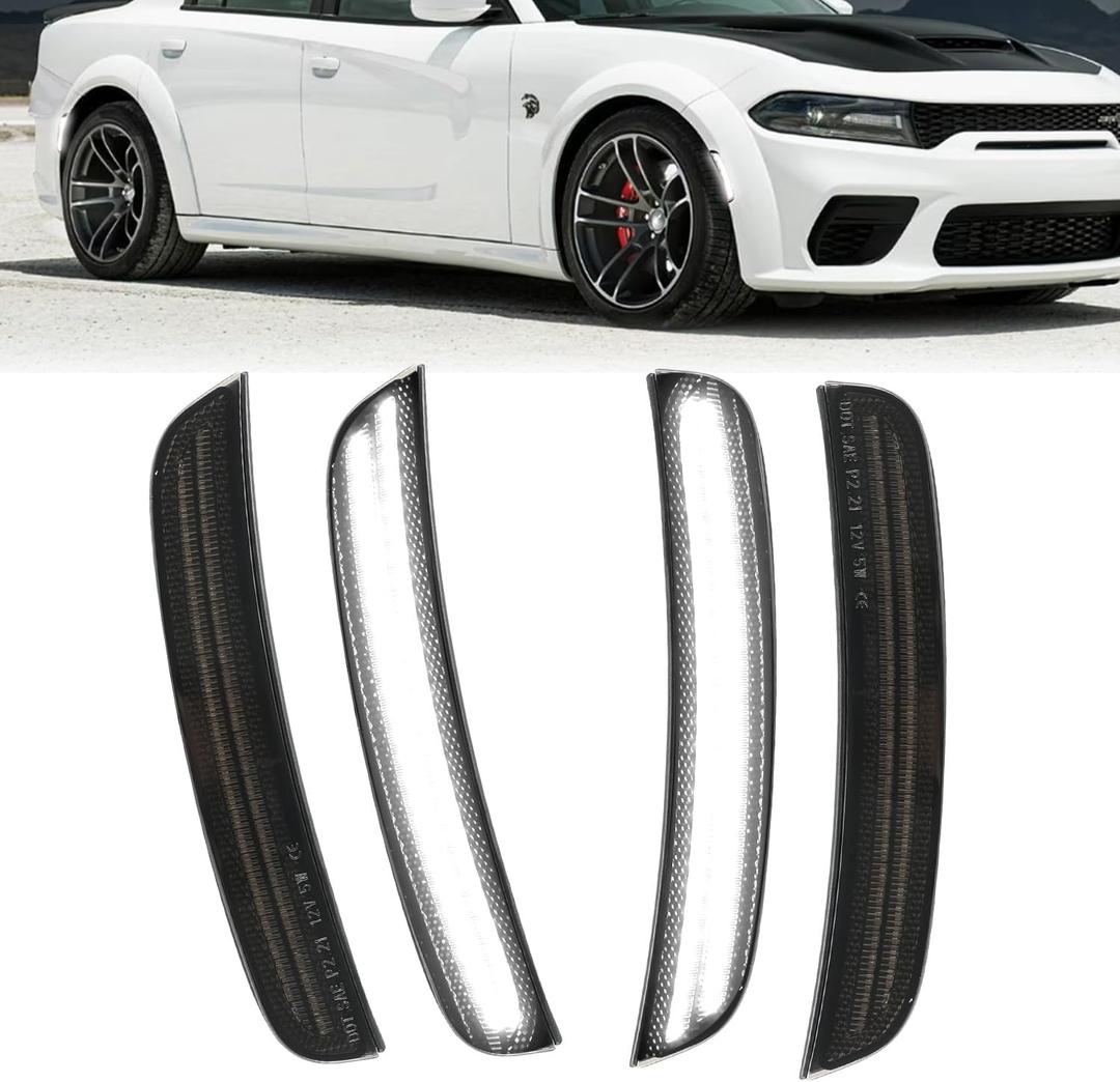 ROCCS 4PCS LED White Side Marker Lights Compatible with Dodge Charger SRT Hellcat Scat Pack 2015-2023 Front Rear Bumper Turn Signal Light,OEM part number 68214405AA/68214404AA/68214127AA,Smoked Lens