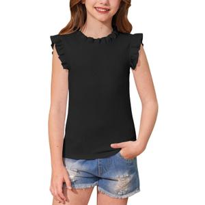 BesserBay Girls Summer Flutter Sleeve Shirts Knit Ruffle Collar Slim Fit Casual Vertical Texture Tank Tops 5-14 Years