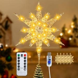Christmas Tree Star Topper, 3D Tree Toppers Christmas Decorations with LED Lights 8 Lighting Modes Dimmable Timer USB Powered for Xmas Home Holiday Party Indoor Outdoor Ornaments Decor -15Inch Gold