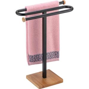 ZCDCP Hand Towel Holder Stand, S-Shape Countertop Towel Stand with Wood Base Freestanding Towel Rack for Bathroom (Black)
