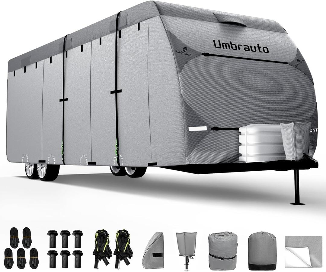 Umbrauto RV Cover 14-16ft: 7 Layers Travel Trailer Cover, Waterproof Camper Cover, Toy Hauler Cover with Tongue Jack Cover, Extra Windproof Ropes, Gutter Covers