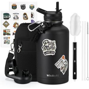 64 oz Insulated Water Bottle with Straw (Cold for 48 Hrs), Half Gallon Stainless Steel Triple Wall Vacuum Sports Water Jug, Leakproof Hydro Cup Flask with Straw Spout Lids & DIY Stickers (Black)