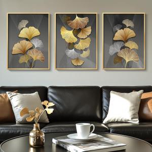 Gold Framed Large Wall Art for Living Room, Black and Gold Leaf Paintings Wall Decor, 3 Piece Modern Wall Art for Bedroom, Botanical Wall Pictures for Living Room, 16x24 Inch (24" H x 48" W (Framed), Leaf Painting)