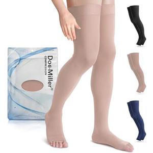 Doc Miller Thigh High Open Toe Compression Stockings 15-20mmHg for Varicose Veins, Pregnancy Support Open Toe Thigh High Compression Socks for Women and Men XL