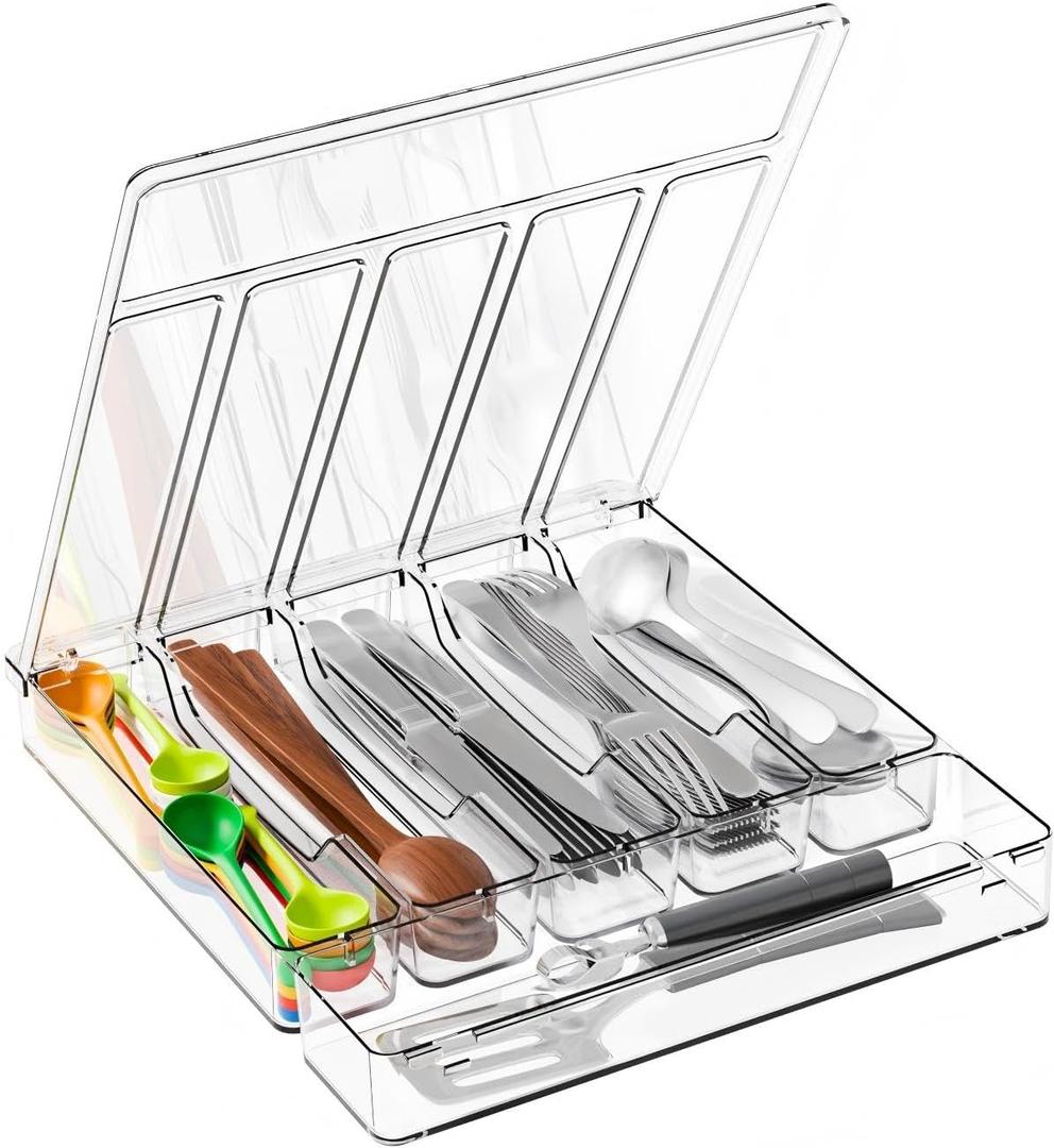 Yieach Clear Silverware Organizer with Lid - 12 inch Wide - Large Silverware Drawer Organizer & Tray and Utensil Drawer Organizers with Lid, BPA Free Plastic Flatware Drawers Organizers for Fork, Spoon