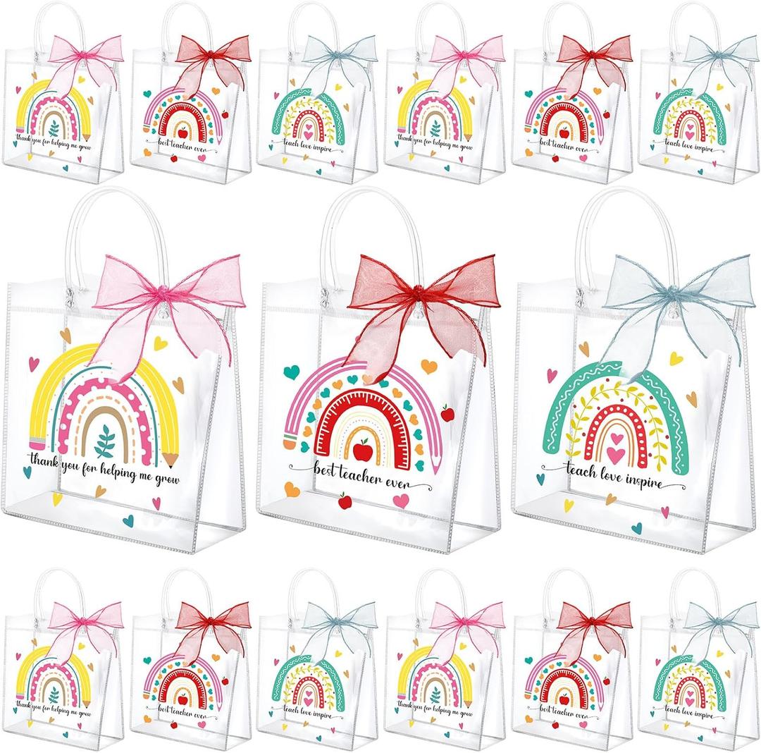 SilTriangle 30 Pcs 2026 Teacher Appreciation Gift Bags Bulk with Handle 7.8 x 7.8 x 3.1'' Reusable Clear Teacher Gift Bag with Bow Ribbon Thank You PVC Plastic Bag for Graduation Party Supply(Fresh)