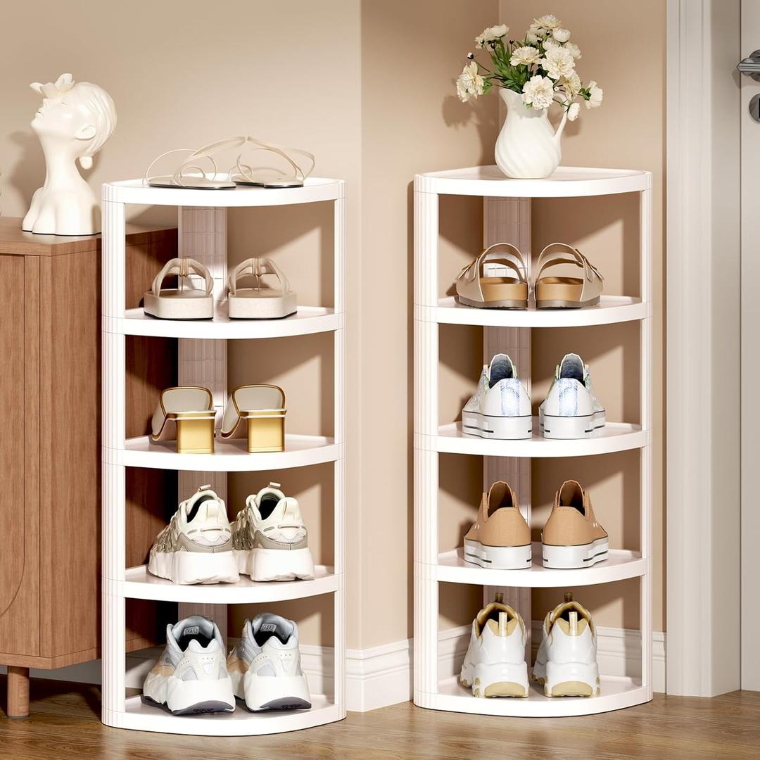 NestOrganix 10 Tier Vertical Shoe Rack, Stackable Narrow Shoe Rack Organizer for Entryway Closet Corner, Free Standing Shoe Rack Tower Shelf, Space Saving, Curved, Off White