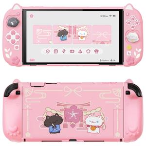 PlayVital Cherry Blossoms Kitten Protective Case for Nintendo Switch 2 with Stand | Cute Cat Ear & Paw Silicone Grips, Dockable Hard Shell, 2 Joystick Caps | Full-Body Protection Cover, Pink