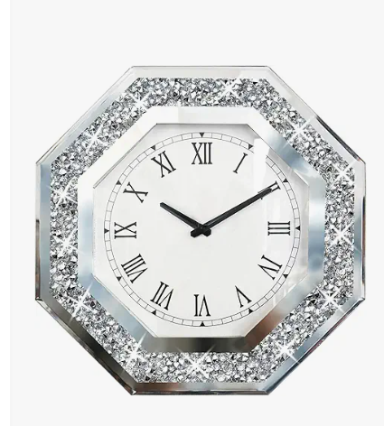 XIHACTY Wall Clock, Octagon Mirror Glass Clock, Cute Diamond 12inch NonTicking Clock for Wall Décor, Perfect Home Decor for Bedroom, Bathroom Motif, Dining Room(Excluding Batteries.)