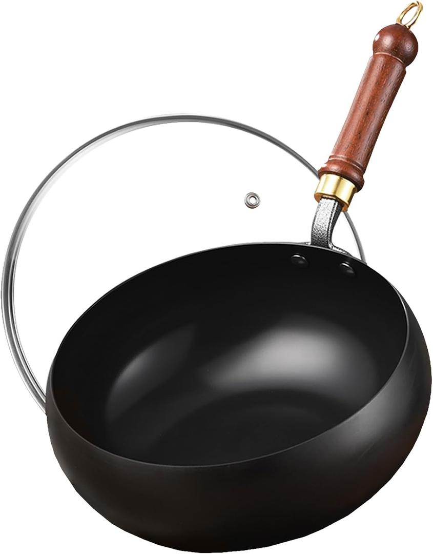 Carbon Steel Wok, Non-Stick Stir-Fry Pan with Glass Lid, Cooking Applications Such as Pan-Frying, Stir-Frying, Steaming, and Outdoor Camping, Compatible with All Stovetop Type (10.2 INCH)