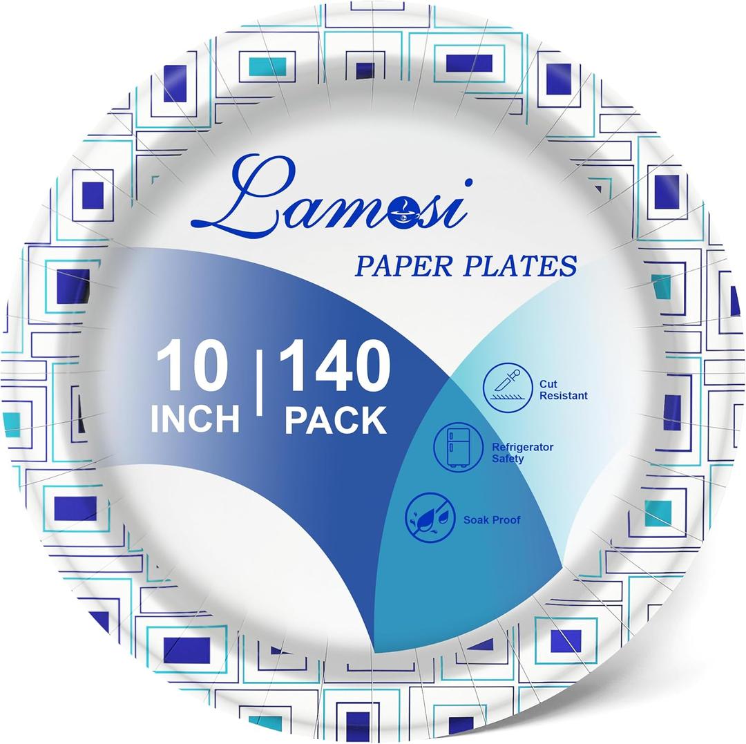 Lamosi 10 Inch Disposable Paper Plates 140 Pack, Printed Large Paper Plates Soak and Cut Proof for Picnic, Party and Daily Use