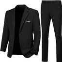 Mens Slim Fit 2 Piece Suit Two Button Notched Lapel Solid Suit Jacket Pants Set Tuxedo for Prom (Black), Size: XS