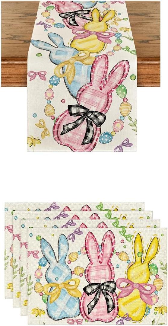 Artoid Mode Floral Bow Bunny Rabbits Eggs Easter Place Mats 12x18 Inch Set of 4 and Table Runner 13x72 Inch