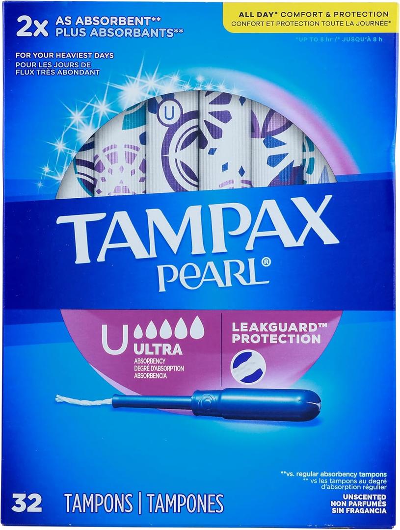 Tampax Pearl Tampons Ultra Absorbency with Leakguard Braid, Unscented, 32Count (32 Count (Pack of 1))