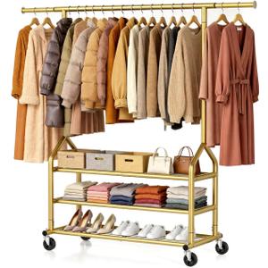 Heavy Duty Clothing Rack, Rolling Clothes Rack with 3 Shelves, Gold 686 LBS Load, Height Adjustable, Gold, 63"D x 19.7"W x 70.8"H
