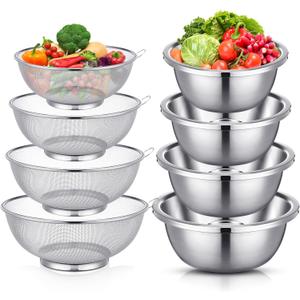 8 Pcs Stainless Steel Microporous Colander Set with 1.2qt 2qt 3qt 5qt Capacity Strainer with Metal Mixing Bowls, Fruit Cleaning Bowl with Strainer for Draining Pasta Vegetables Meat Kitchen