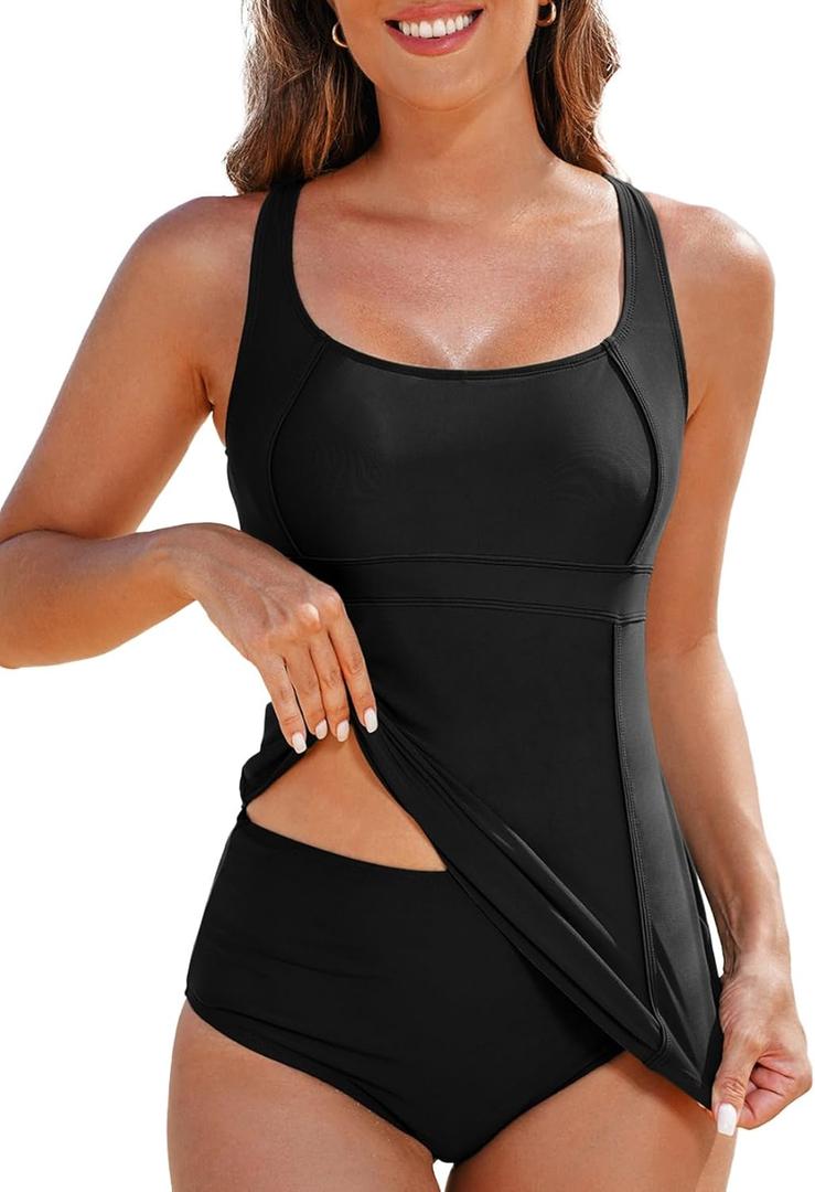 Aleumdr Women's Two Piece Tankini Swimsuits Modest Square Neck Bathing Suits Swim Tank Top with High Waisted Bottom (Small, Black)