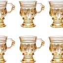 Turkish Tea Glasses Set of 6 - Moroccan Tea Glasses with Handle - 5 oz Espresso Cups - Footed Glass Coffee Mugs for Cold Beverages Drinks (Amber)