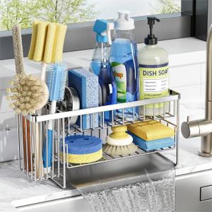 Cisily Silver 2-Tier Kitchen Sink Caddy Organzier Rack with Flexible Dish Brush Holder, Sponge Holder for Kitchen Sink Countertop Organization Storage,Home Decor Stainless Steel (Medium)