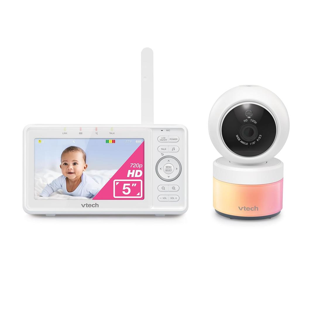 VTech Video Baby Monitor with Camera and Audio, 5" HD LCD Screen, Pan-Tilt-Zoom, 2-Way Talk, VOX Mode, Night Lights, Lullabies, Soothing Sounds, Temperature sensor, Long Range, No WiFi: VM5263 (White)
