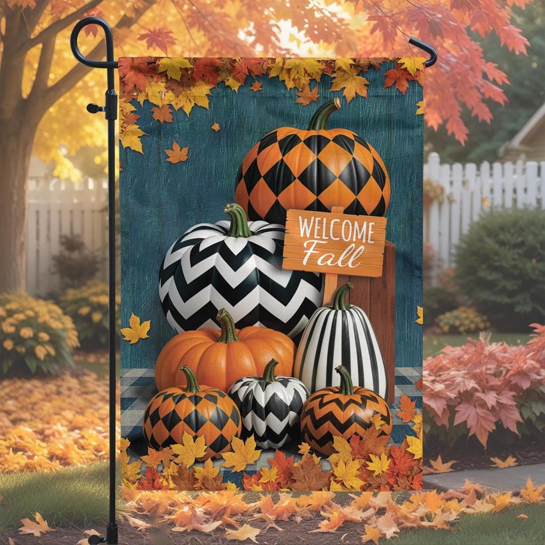 V VIBEPY All Over Printed Garden Decor, 12x18" Fall Leaves & Pumpkin Flag, Welcome Autumn Flag for Patio
