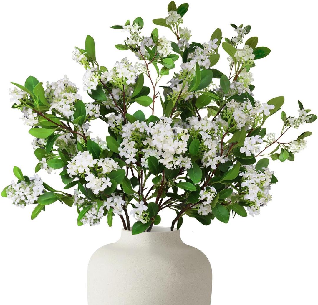 CHIAVE 8pcs Artificial Plants Fake Greenery Branches for Vase, Tall Stems with White Fake Flowers for Vase, Fake Plants Spring Stems for Wedding Garden Office Home Dcor