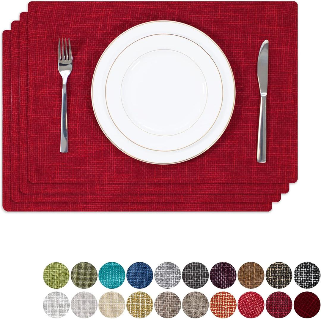 Kevin Textile Burlap Linen Placemats Set of 4 Valentines Day Heat Resistant Dining Table Place Mats Washable Kitchen Table Mats, 13 x19 inches, Burgundy