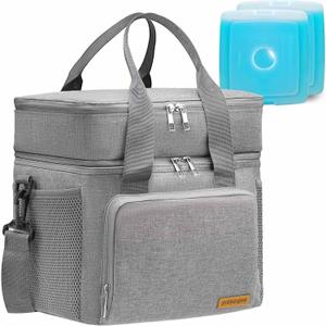 Lunch Bag-Double Deck Insulated Lunch Box for Men Women, Soft Leakproof Thickened Cooler Bag for Work , Picnic, Outdoor, Camping, Travel with 2 Ice Packs (Gray15L)
