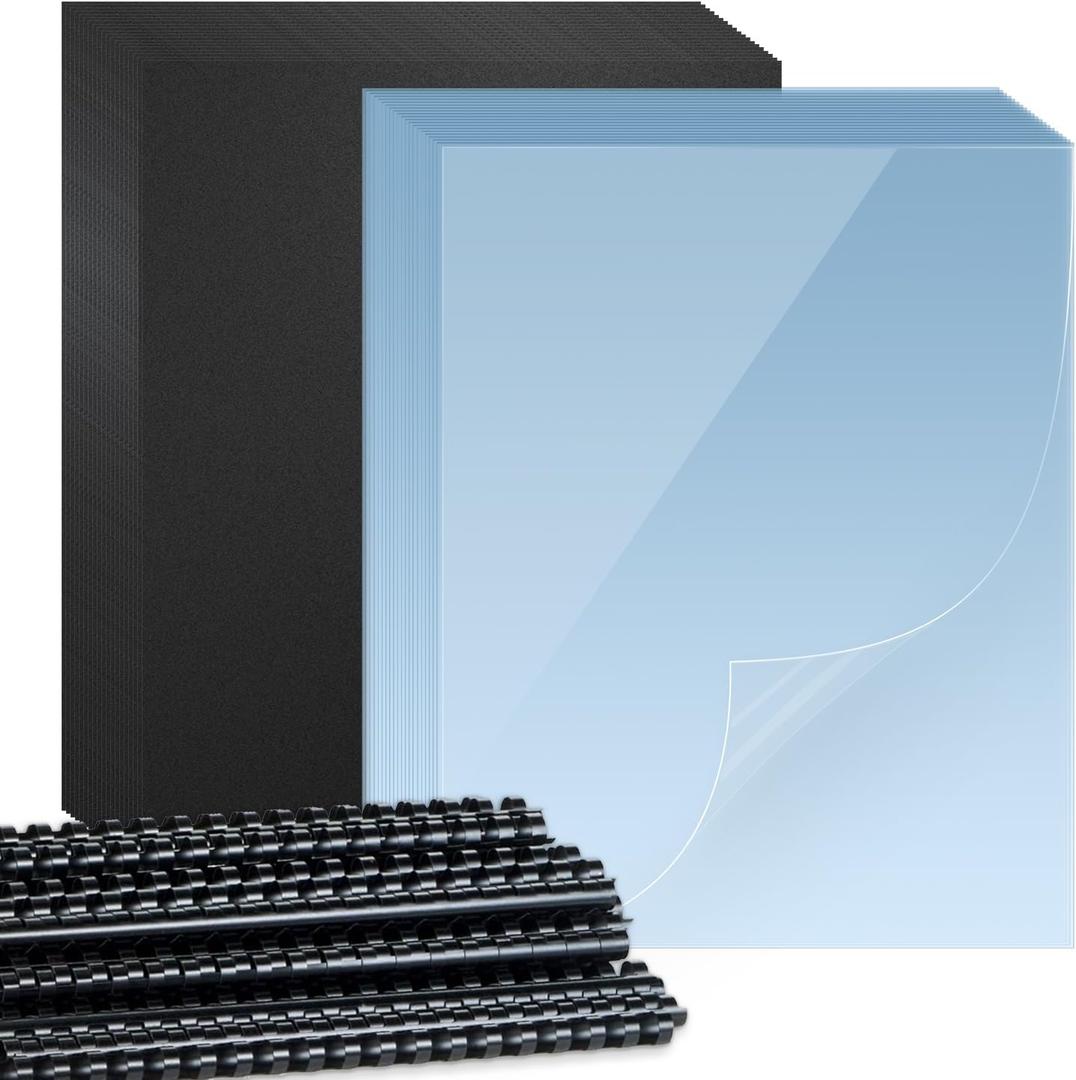 HOUYEE 180 Pack Binding Covers Set: 60 Pcs 3/8 Inch Black Binding Combs, 8.5x11 Inches, 60 Pcs 10 Mil Clear Binding Covers, 60 Pcs 12Mil Black Sand Texture, Letter Size