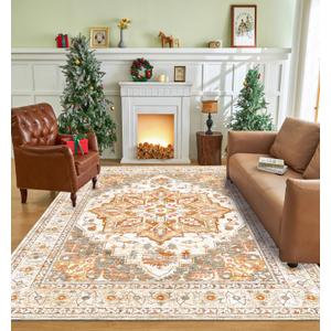 Washable Area Rugs 6×9 Yellow Vintage 6x9 Area Rugs Clearance Ultra-Thin Oriental Boho Rugs for Living Room Indoor 6x9 Non-Slip Rug Foldable Washable Accent Rugs for Bedroom Dining Room