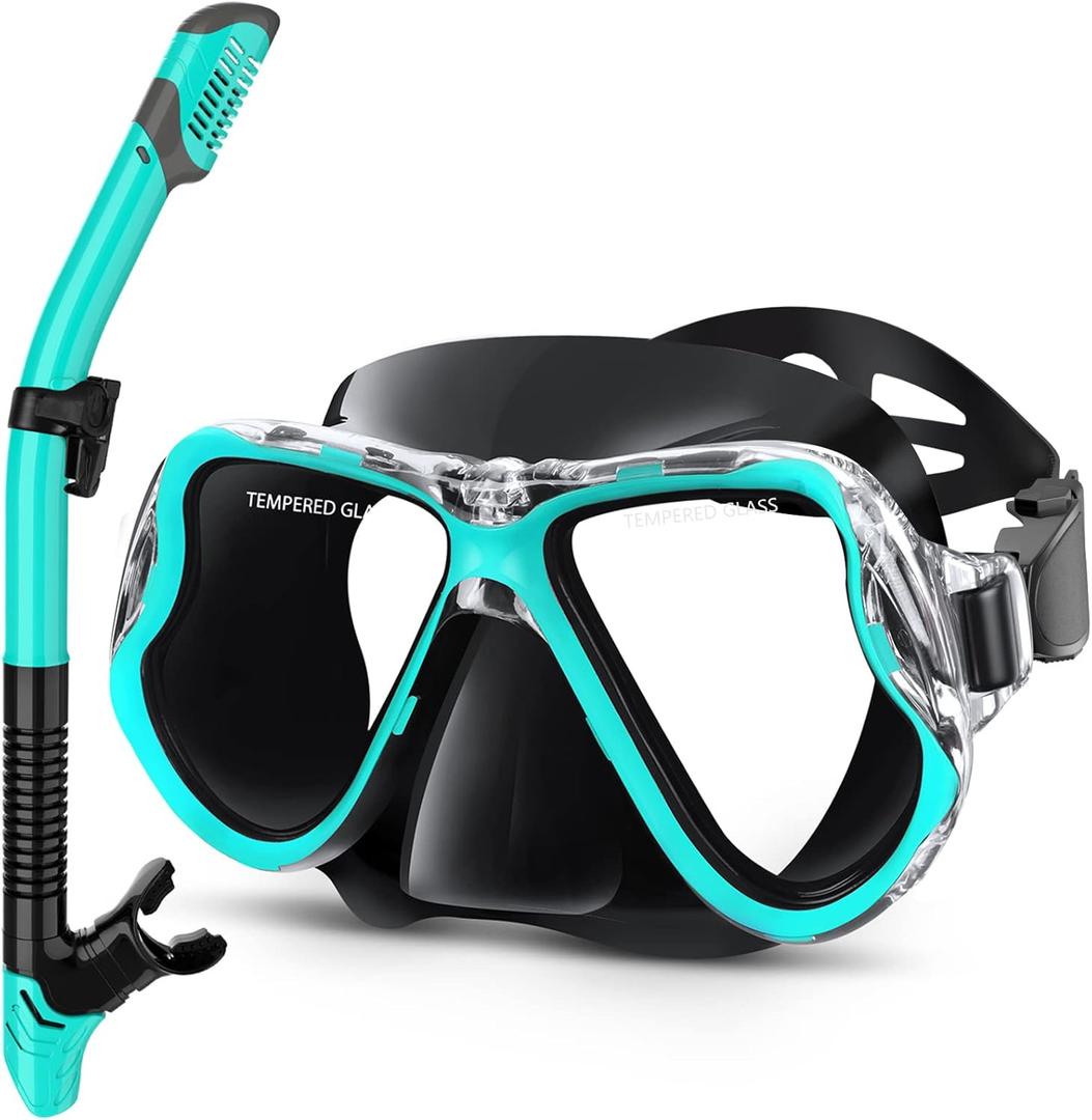 Greatever Dry Snorkel Set,Panoramic Wide View,Anti-Fog Scuba Diving Mask,Professional Snorkeling Gear (Kids, Black Green)