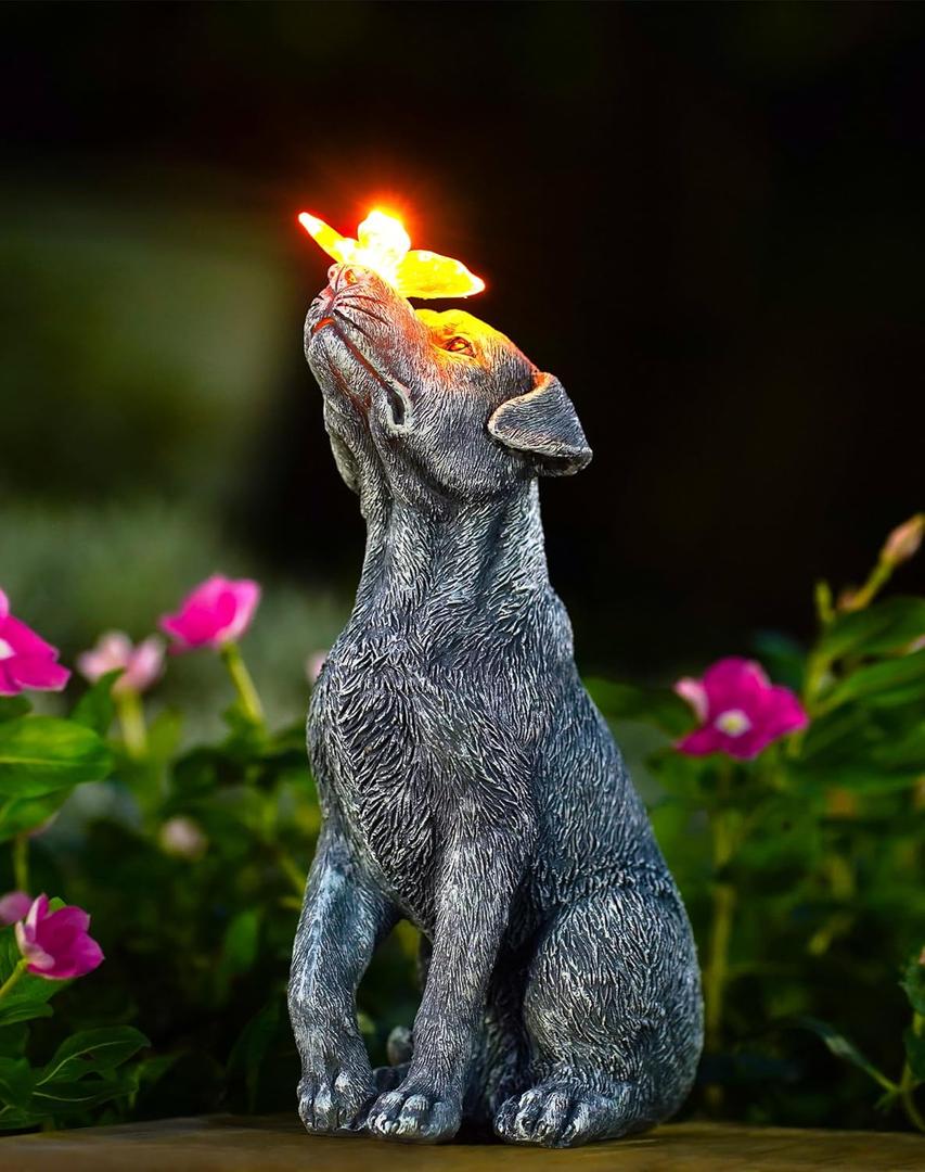 Goodeco Dog Statue with Solar Butterfly - Ideal Gifts for Dad, Mom or Birthdays, Beautifully Crafted Outdoor Decorations to Wow Your Guests (Gray)