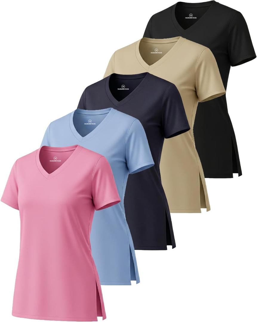 Real Essentials 5 Pack: Women's Short Sleeve Split Hem V-Neck T-Shirts, Athletic Tops, Gym, Workout, Yoga, Activewear (Plus) (3X)