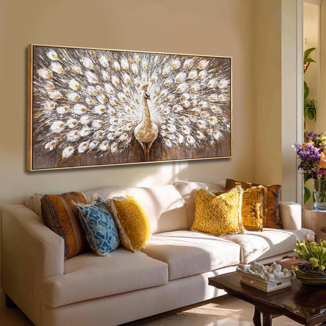 Framed Canvas Wall Art,White Peacock Bird Gold Pictures,Animal Beautiful Wall Decor Artwork for Bedroom Living Room Hallway 24"x48"