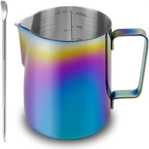 CAMKYDE Stainless Steel Milk Frothing Pitcher 12 oz, Espresso Steaming Pitcher with Decorating Pen for Espresso Machines, Cappuccino, Latte Art Colour