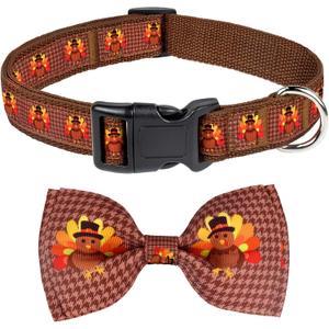 Malier Cute Adjustable Thanksgiving Dog Collar with Bowtie, Fall Collar for Girl and Boy Puppies and Dogs (Larger, Turkey-Brown)