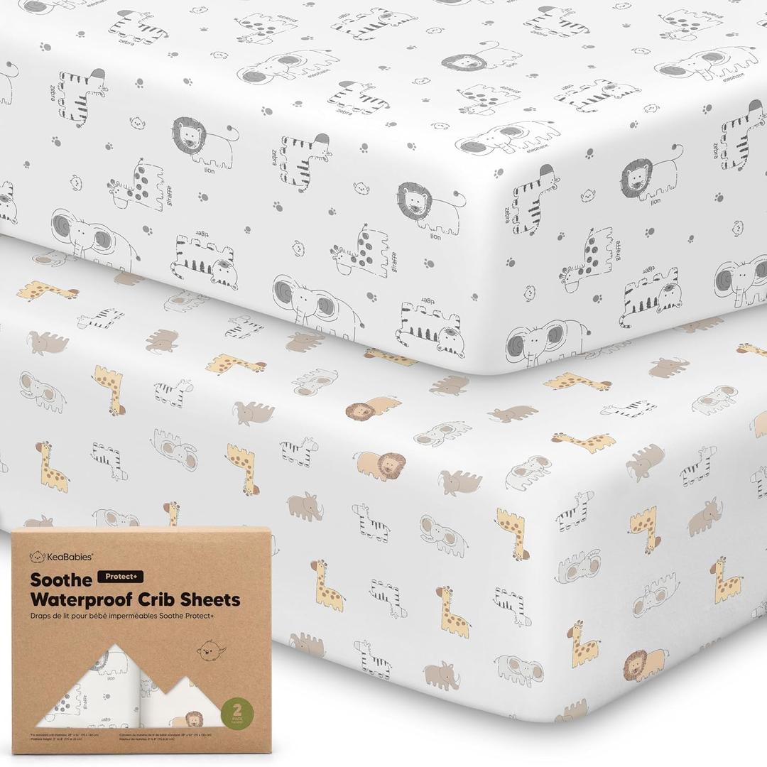 2-Pack Waterproof Crib Sheets for Boys, Girls - 52x28 Fitted Organic Cotton Baby Crib Sheets, Toddler Mattress Protector Cover, Washable, Soft & Durable Baby Bedding Essentials (KeaSafari)