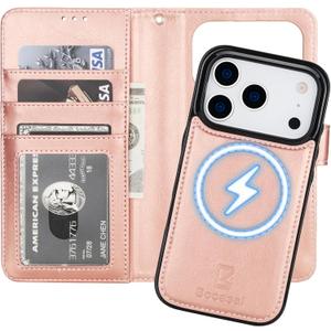 Bocasal for iPhone 17 Pro Wallet Case Compatible with MagSafe Wireless Charging, RFID Blocking Magnetic Leather Case with Card Slots Holder Kickstand Detachable Wrist Strap 6.3 Inch (Rose Gold)