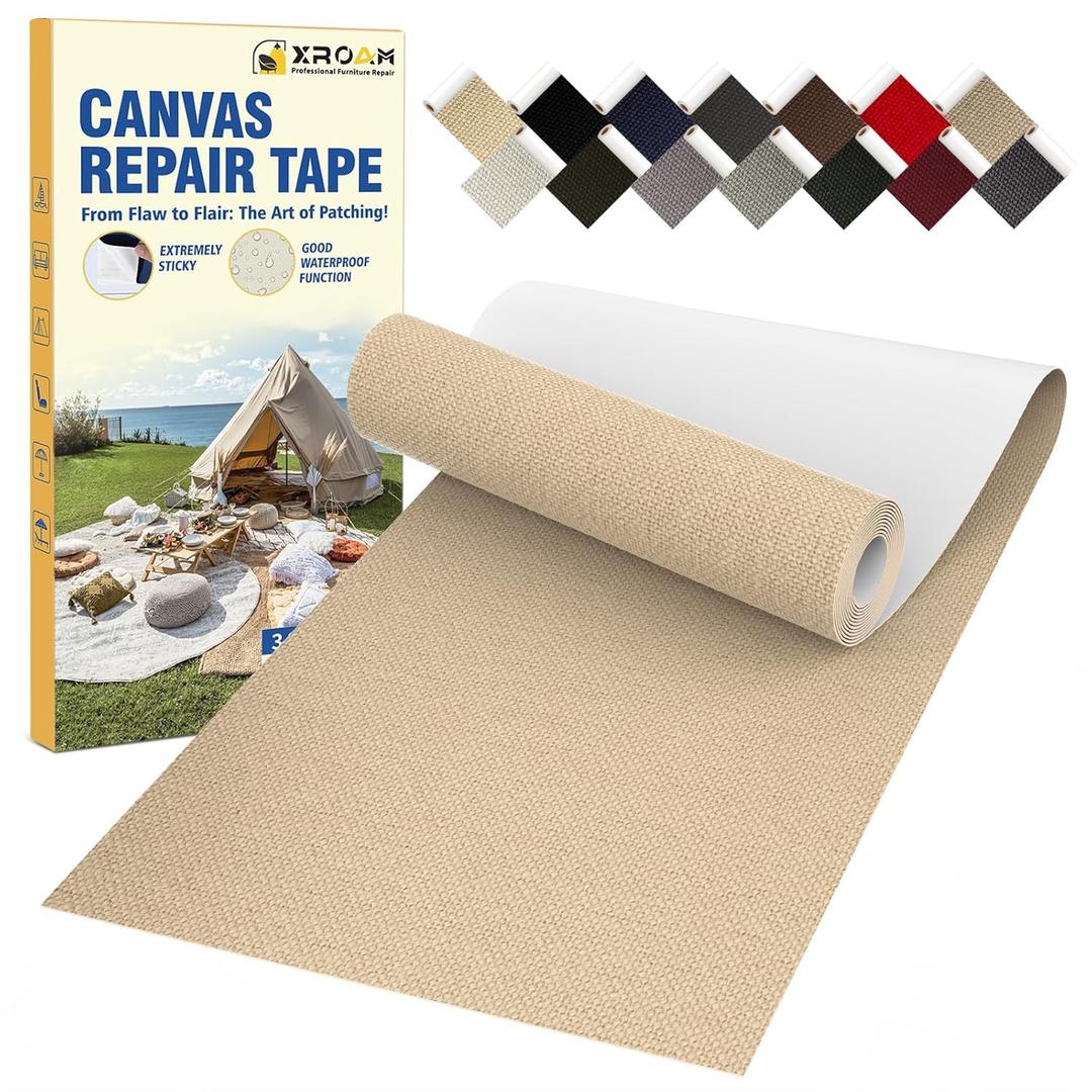 Canvas Repair Tape, 3.2 x 63 Inch Waterproof Heavy Duty Fabric Tape for Furniture, Self Adhesive Canvas Repair Patches for Boat Covers, Sofas, Tents, Louge Chairs, Canopy, Awning Khaki