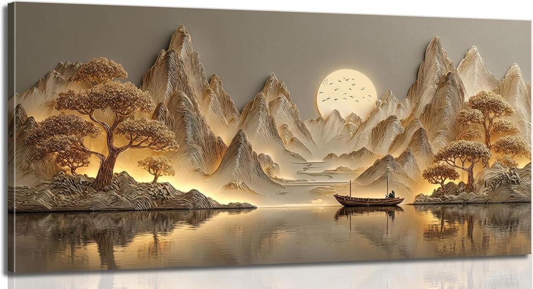 3D Texture Large Landscape Sunrises Sunset Canvas Wall Art Abstract Mountains Lake Tree Painting Picture Wall Decor Modern Nature Scenery Poster Print Artwork for Living Room Office Home Decoration, 48"L x 24"W