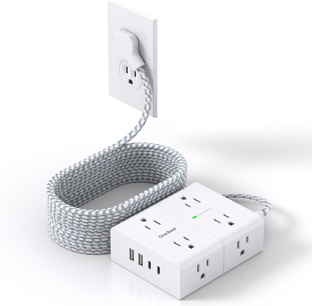 Surge Protector Power Strip 15 Ft Cord, Ultra Thin Flat Extension Cord with 8 Outlets 4 USB Ports(2 USB C), Flat Plug Power Strip, 15 Ft Long Braided Power Cord for Home, Office, Dorm Room Essentials (White & Grey)