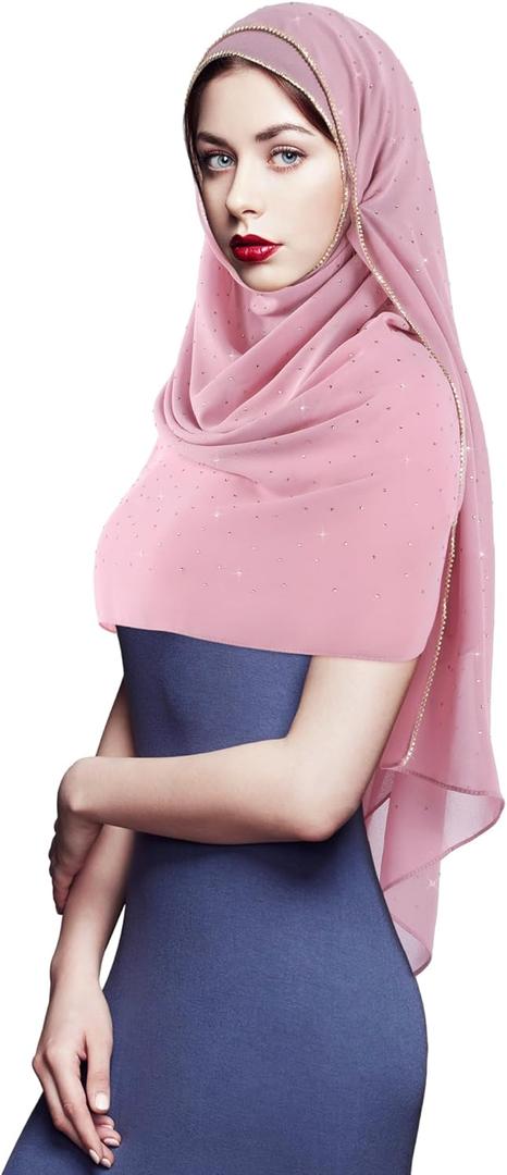 Geyoga Hijab Scarf for Women Soft Chiffon Rhinestone Long Scarf Shawl Fashion Muslim Hijab Head Wrap Scarves (Pink)
