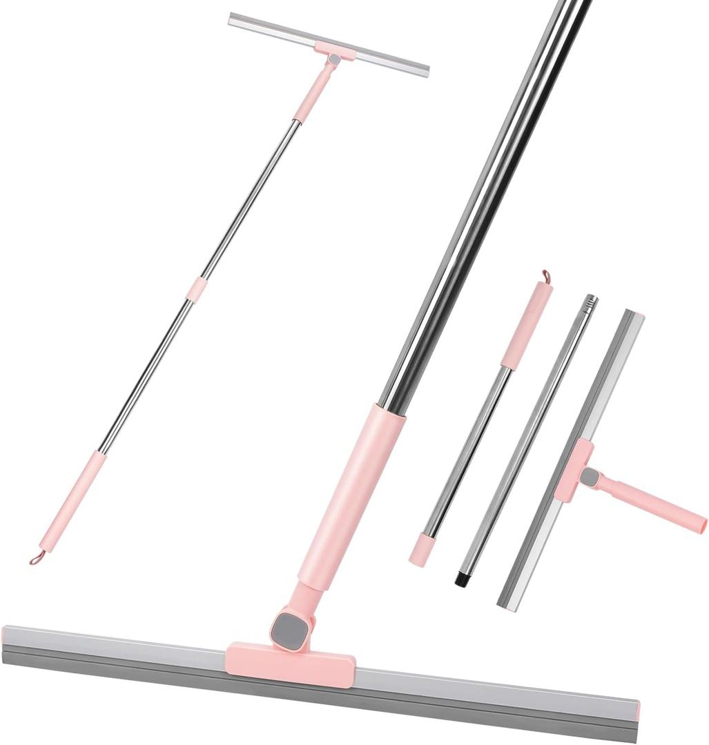 Heavy-Duty 20" Floor Squeegee & Silicone Broom for Concrete,Tile, Garage, Windows, Commercial Squeegee Broom with Long Handle, Pet Hair, Dust & Liquid Remover for Floors/Rugs(Pink)