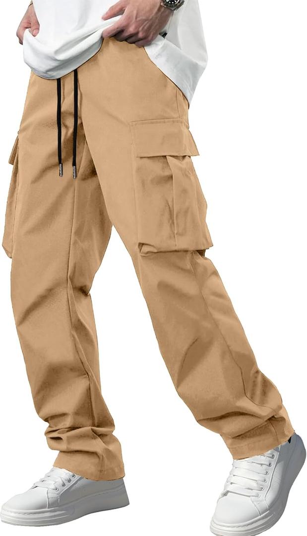 Comdecevis Men's Casual Cargo Pants Workout Joggers Stretch Sweatpants Hiking Drawstring Tactical Pants with Multi Pockets (XX-Large, Khaki)