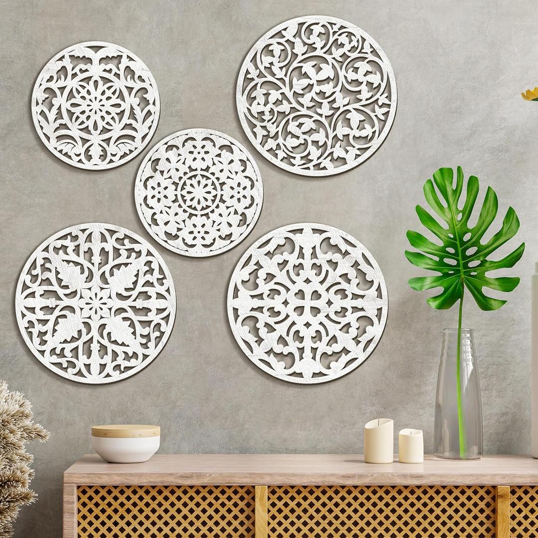 Wonderjune 5 Pcs Rustic Medallion Wall Decor White Floral Carved Wood Wall Art Round Farmhouse Wooden Hanging Art Boho Vintage Decoration for Home Living Room Bedroom Office Decor