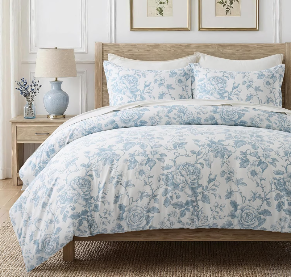 EverGrace 100% Cotton Sateen Duvet Cover Set Queen Size, 3 Piece Floral Toile Bedding Set, Pre-Washed Soft & Breathable, Button Closure with 2 Pillow Shams, Blue Linen, 90"x92"