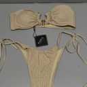 ZAFUL Metal Ring Bandeau Bikini Set Tie Side Bathing Suit High Cut 2 Piece Swimsuit Cutout Swimwear (Medium, Beige)