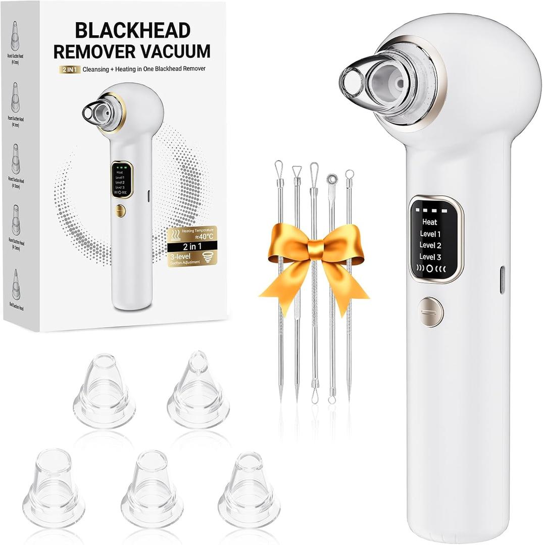 Pore Vacuum Blackhead Remover Kit - 5 Suction Heads & Extractor Tools, 3 Adjustable Suction Levels - Facial Pore Cleansing for Women&Men (White)