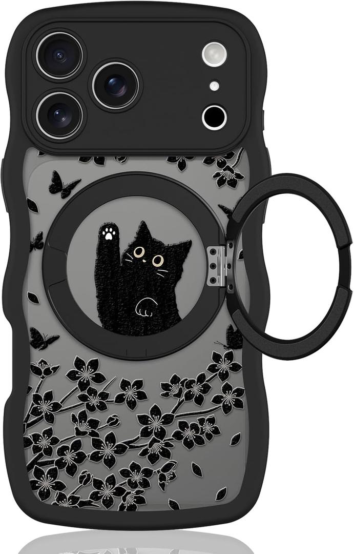Wavy Case for iPhone 17 Pro Max Case with Stand [Compatible with MagSafe] Cute Black Cat & Floral & Butterflies Pattern Design, Kawaii 360 Magnetic Ring Kickstand Phone Cover for Women Girls